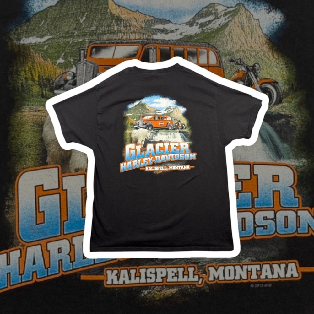 Harley-Davidson Glacier Kalispell Montana Graphic T-Shirt Mens XL Black Goat Bus